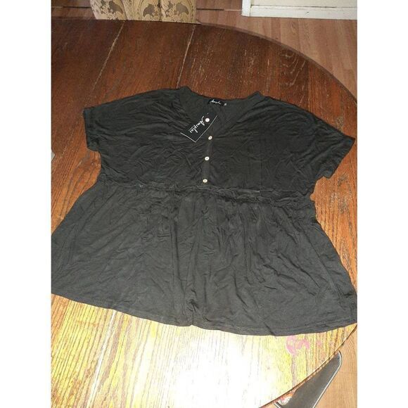 New Size 2XL AMZ PLUS Black Short Sleeve V-Neck Ruffle Shirt Top Blouse - Picture 1 of 4